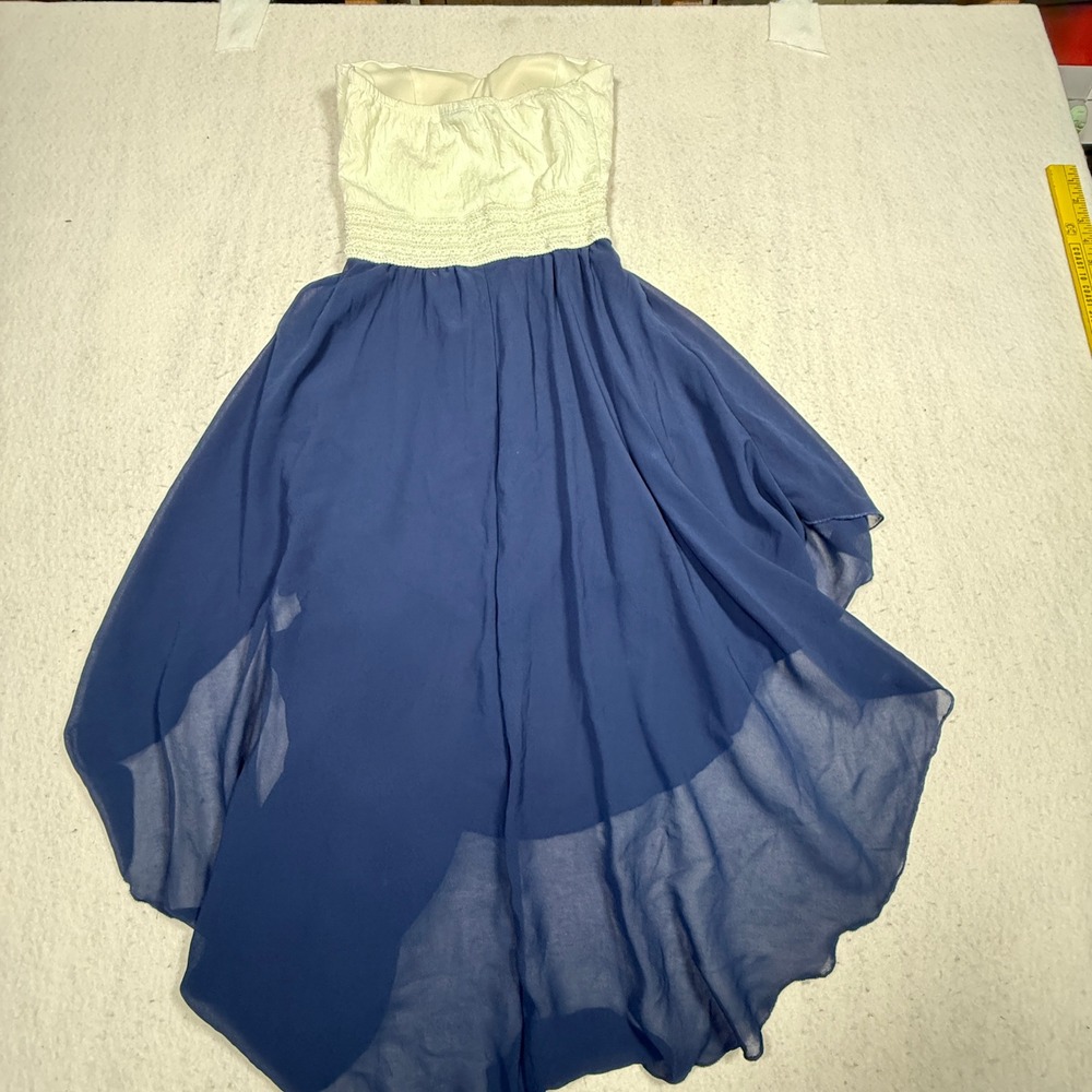 Rue21 Womens Strapless High Low Dress Blue white Lace Smocked Sweetheart Small